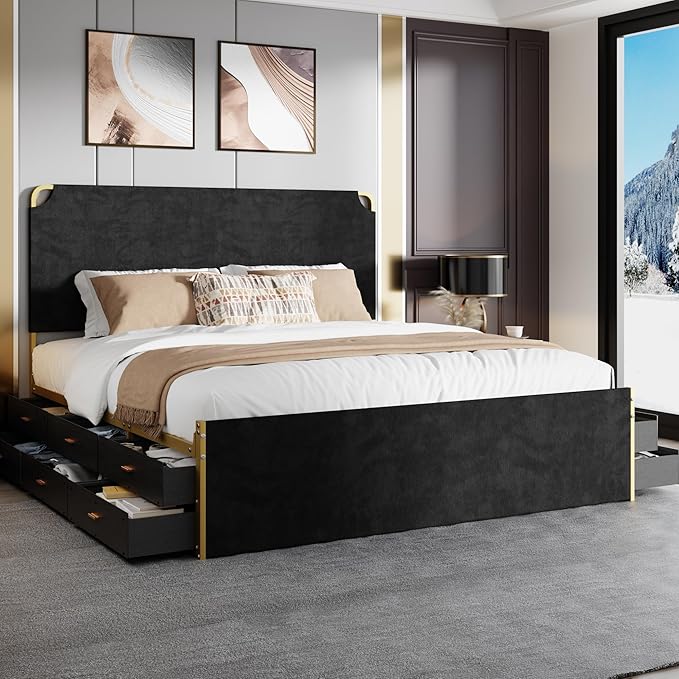 King Size Bed Frame with 12 Storage Drawers and Headboard, Metal Platform by PAUKIN