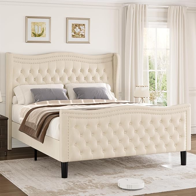 King Bed Frame with Tall Headboard & Footboard, Velvet Upholstered Platform Bed - Image 3