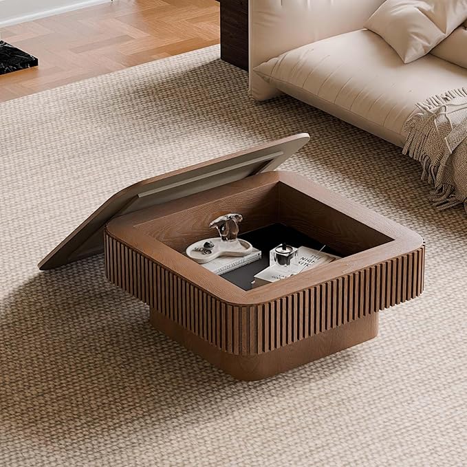Square Small Coffee Table with Storage, Modern Wooden Coffee Table with Solid - Image 2