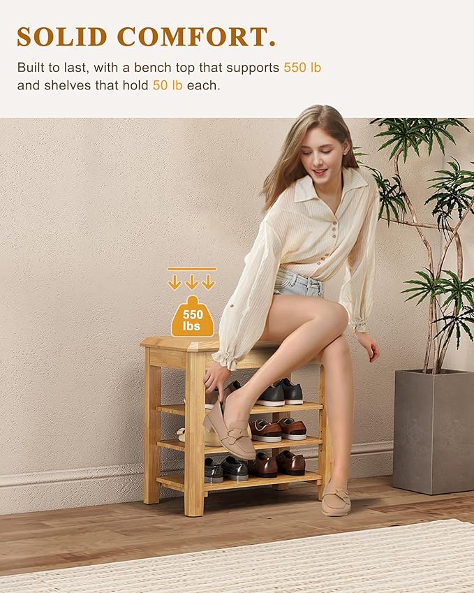 Shoe Rack Bench Seat Rubberwood 3-Tier Wooden Storage Bench 550lbs Compact - Image 4