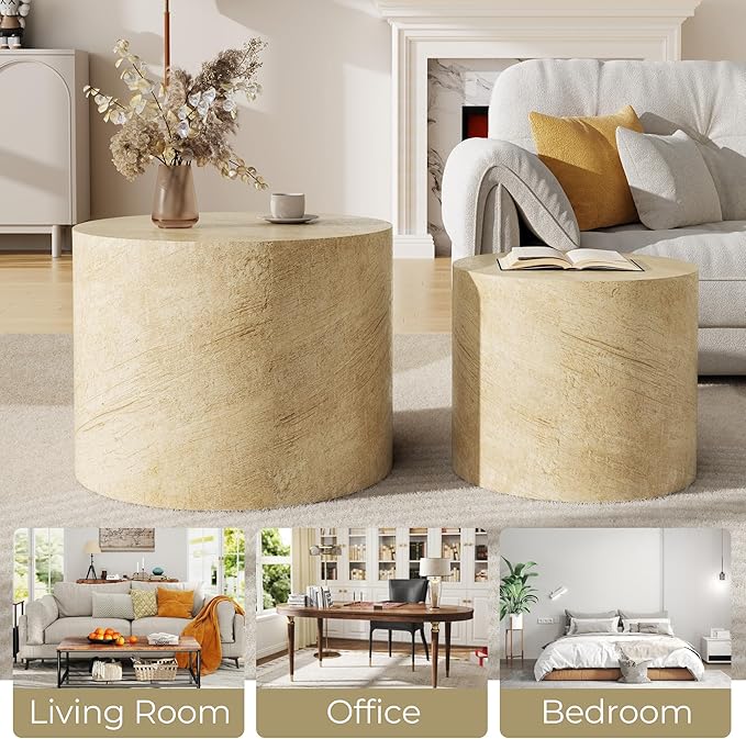Nesting Coffee Table Set of 2, Round Beige Nesting Table Modern Circle Coffee - Image 6