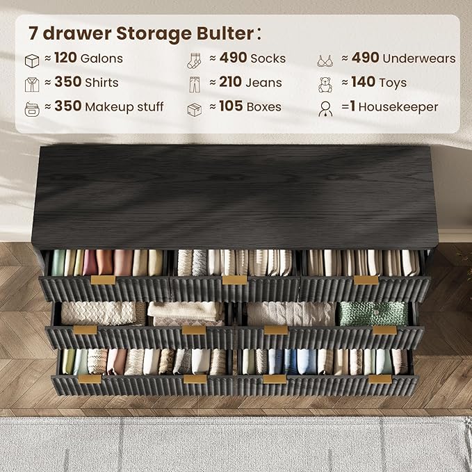 54'' Wide 7 Drawers Dresser for Bedroom, Modern Fluted Vertical Chest - Image 5