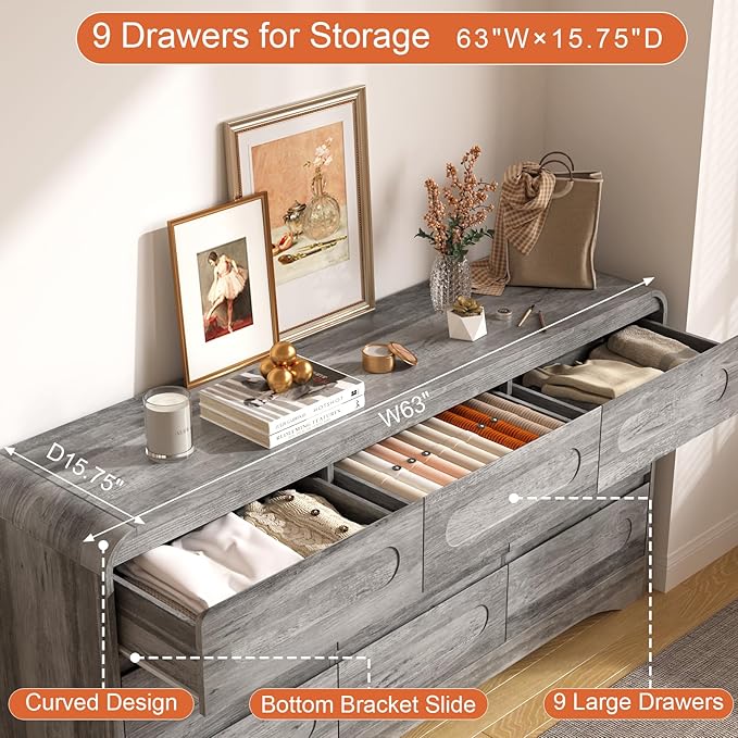 Grey Dresser for Bedroom with 9 Drawers, Wood Closet Clothes Storage Long - Image 5