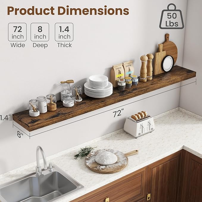 72 Inch Floating Shelves for Wall, 8 Inch Deep Floating Shelf for Storage & - Image 3