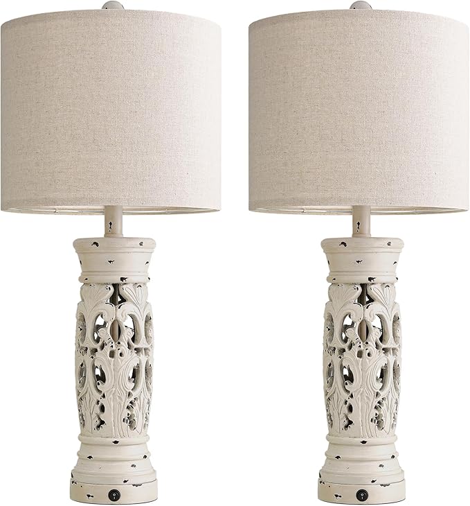 BOBOMOMO 27.25” Farmhouse Table Lamps Set of 2 – Antique White Bedside Lamps - Image 2