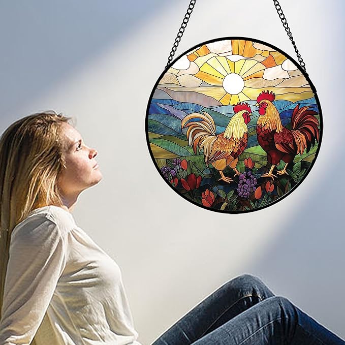 AMDERVEN Stained Glass Window Hanging, Countryside Scenery Chicken Sun Catcher - Image 2