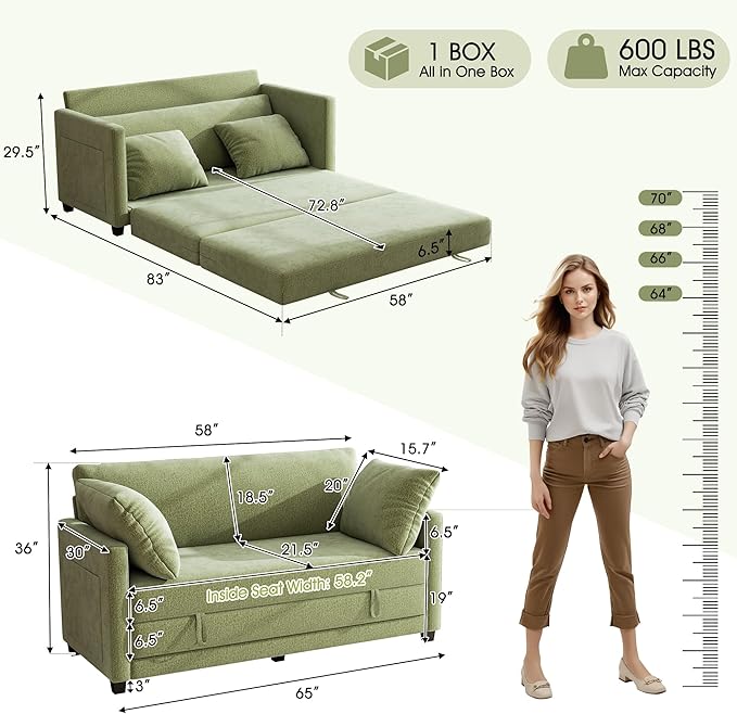 65" Loveseat Sleeper Sofa Bed, Chenille Convertible Floor Sofa Bed - Image 2