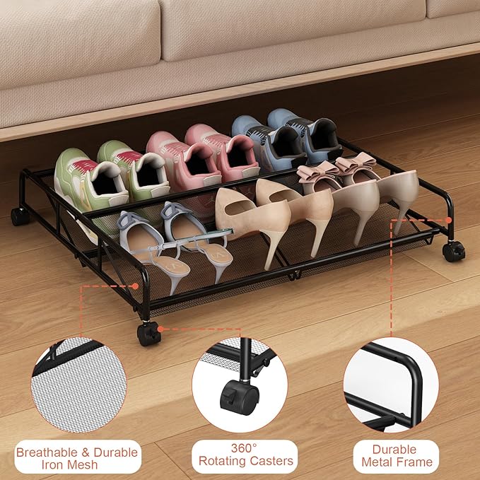 Under Bed Shoe Storage Organizer, Metal Mesh Under Bed Storage Containers - Image 7