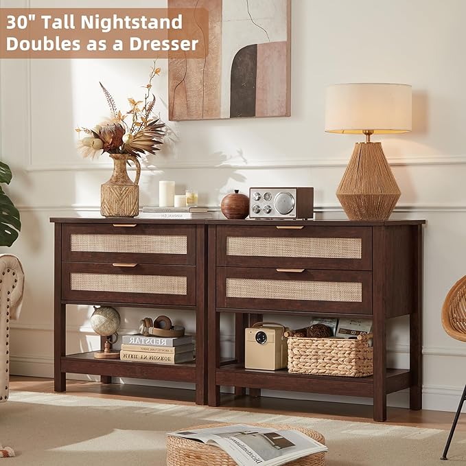 LEYAOYAO 31.5" Wide Rattan Night Stand, Oversized Large Walnut Nightstand - Image 9