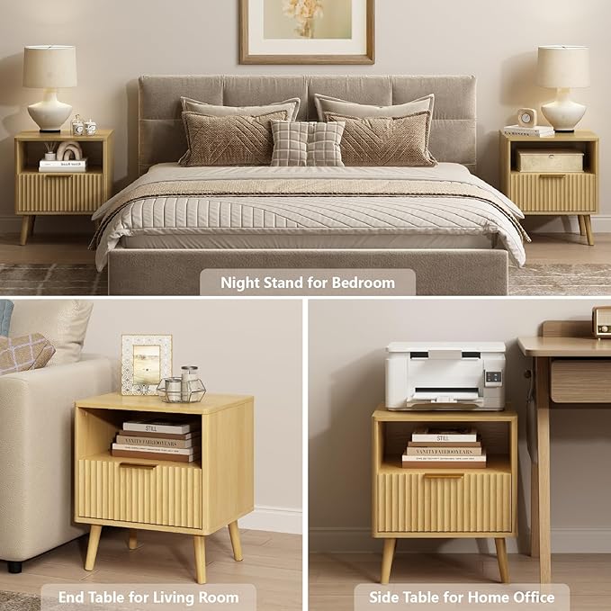 CARPETNAL Fluted Nightstand Set of 2, Oak Bedside Table - Image 7