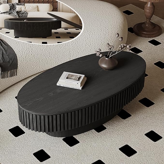 Oval Coffee Table with Storage, Modern Black Coffee Table with Solid Wood by FGXJY