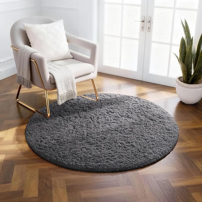 Ophanie Round Rug 2Ft Grey Circle Area Rug, Fluffy Fuzzy Bedroom Carpet by Ophanie