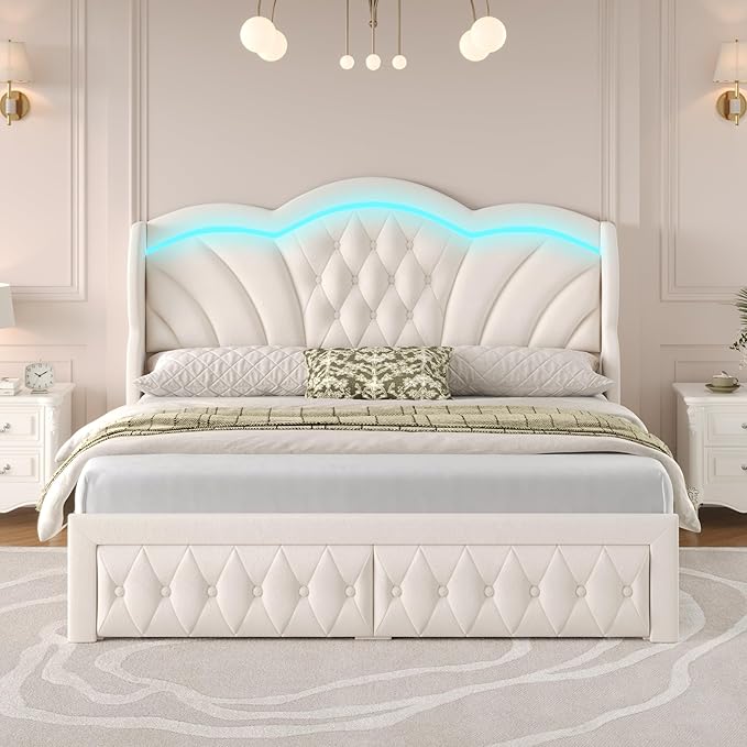 Keyluv Queen Bed Frame with LED Lights and 2 Storage Drawers, Velvet by KeyluvHome
