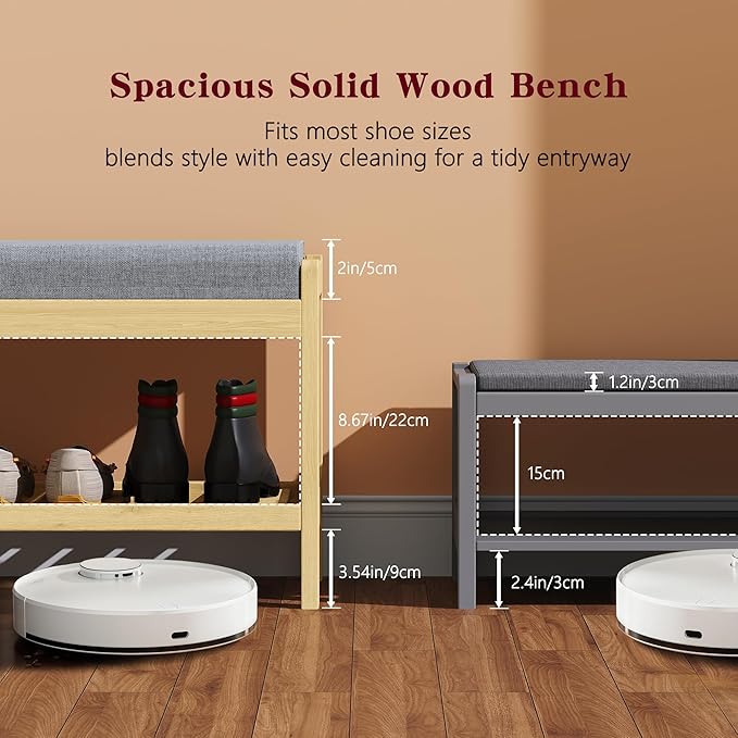 Shoe Bench Entryway, Solid Wood 2-Tier Shoe Rack Bench - Image 6