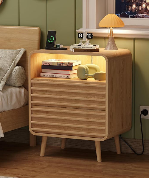 22.4"W Fluted Night Stand with 2 Drawers and Opening Shelf, RGB Nightstand with by Home