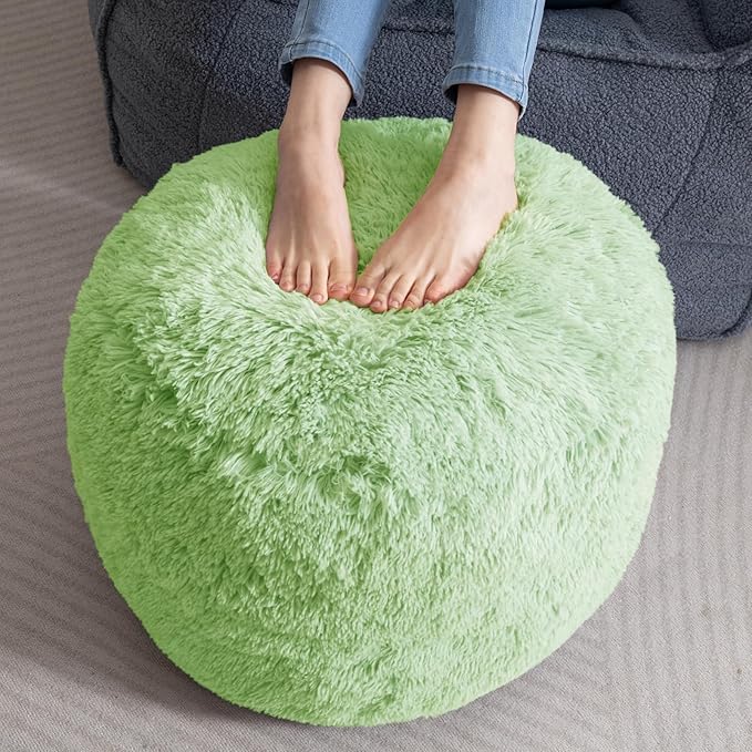 HIGOGOGO Round Stuffed Pouf Ottoman, Long Faux Fur Poufs by HIGOGOGO