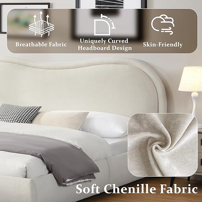 King Size Upholstered Platform Bed Frame, Modern Cloud Bedframe - Image 3