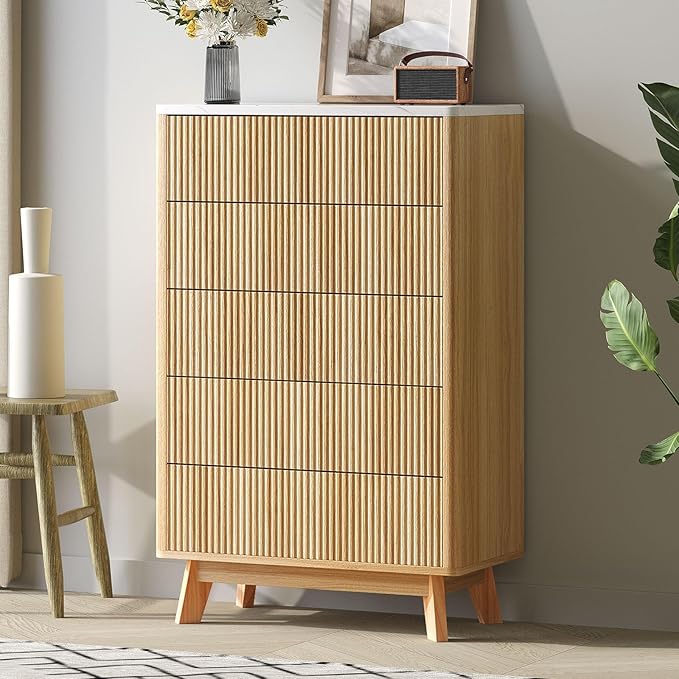Fluted 5 Drawers Dresser for Bedroom, Curved Profile Design, Wood Drawer by Airynee