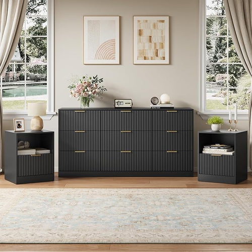 3-Piece Fluted Black Dresser and Nightstand Set, 63” Wide Bedroom Dresser Set by NOVAMAISON