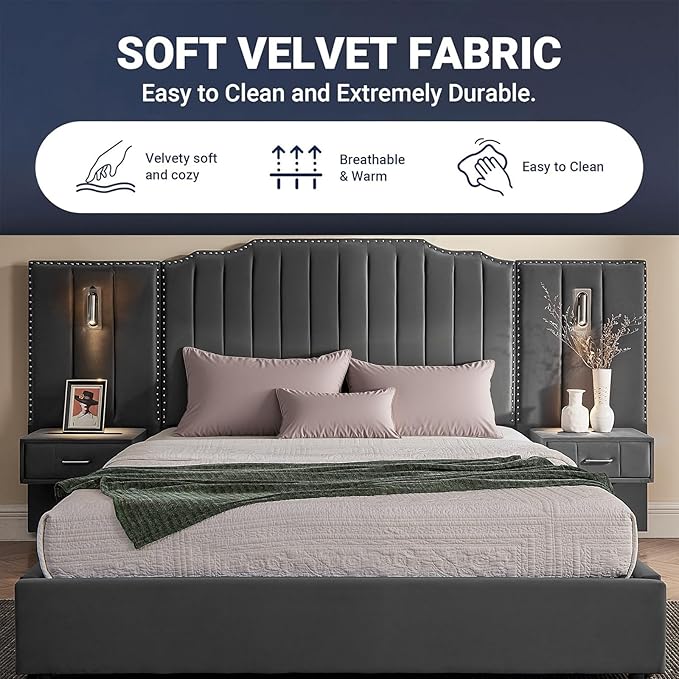 Luxury Queen Bed Frame with Headboard and Storage, Velvet Fabric Upholstered - Image 6