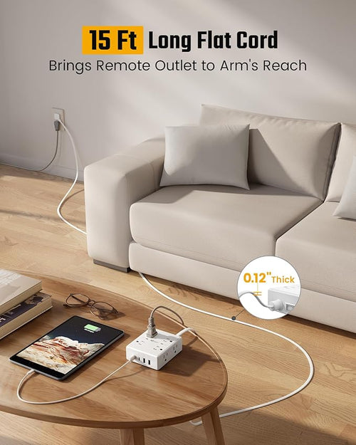 15Ft Long Extension Cord, Surge Protector Power Strip - Image 2