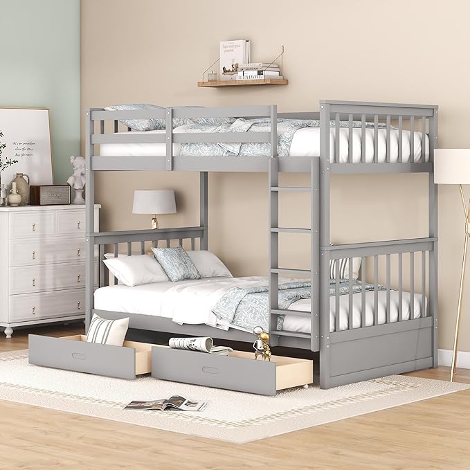 Merax Wood Bunk Bed with Drawers, Convertible Wood Bunk Bed with Ladders and by Merax