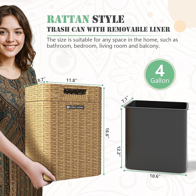 Ypati Rattan Trash Can with Lid, Wicker Bathroom Garbage Bin with Removeable - Image 2