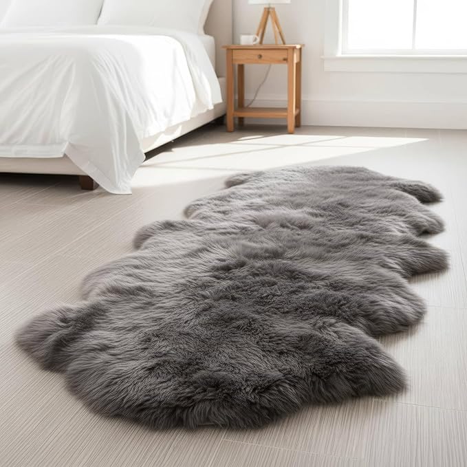 Premium Gray Sheepskin Rug Genuine Fur Bedside Runner 2x6ft by SuperAreaRugs