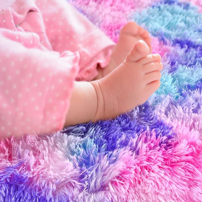 Noahas Oval Fluffy Hot Pink Rainbow Rug 2.6X5.3 Small Kids Rugs - Image 4