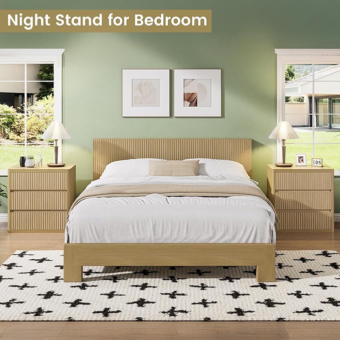 Fluted Nightstand with 3 Drawers, Wood Night Stand with Storage, Modern Bedside - Image 7