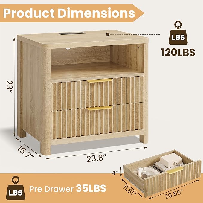 CypBed Night Stand with Charging Station, Bedside Tables with 2 Drawers & - Image 2