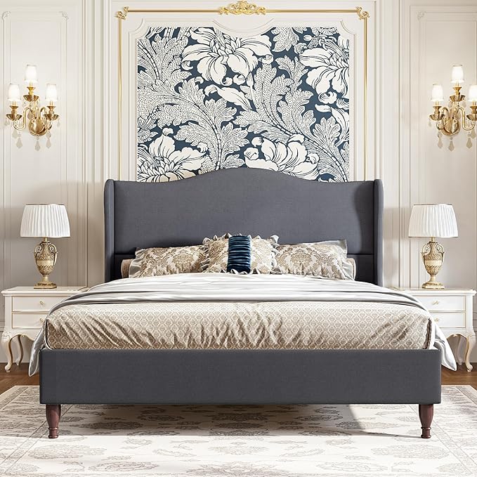 koorlian Full Upholstered Bed, Soft Chenille Sleigh Platform Bed Frame by Koorlian