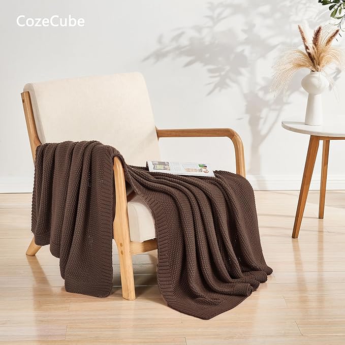 CozeCube Brown Throw Blanket for Couch, Soft Cozy Cable Knit Throw for Bed Sofa - Image 2