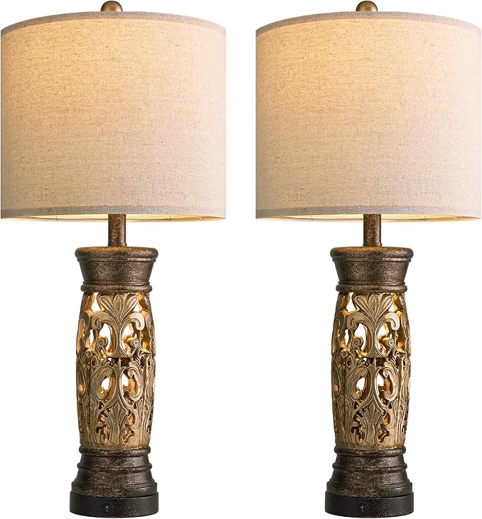 BOBOMOMO 27.25” Antique Gold Table Lamps Set of 2 – Farmhouse Bedside Lamps - Image 7