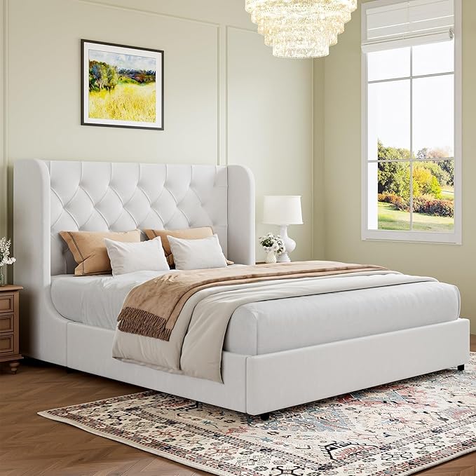HOMBCK White Queen Bed Frame, Velvet Upholstered Platform Bed Frame by HOMBCK