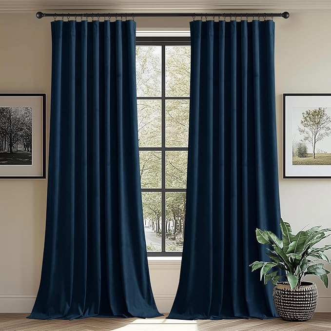 StangH 96 inches Velvet Curtains Navy Blue Blackout Noise Reducing Drapes by StangH