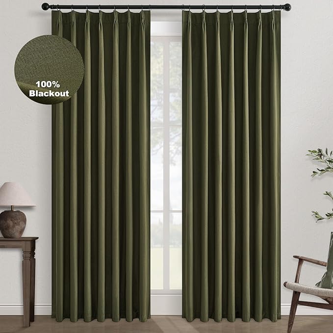 Topfinel 72 Inch Green Linen Blackout Curtains, Pinched Pleated Insulating by Topfinel