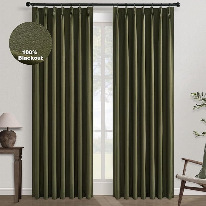 Topfinel Olive Green 105 Inches Long Custom Black Out Faux Thick Linen Curtains by Topfinel