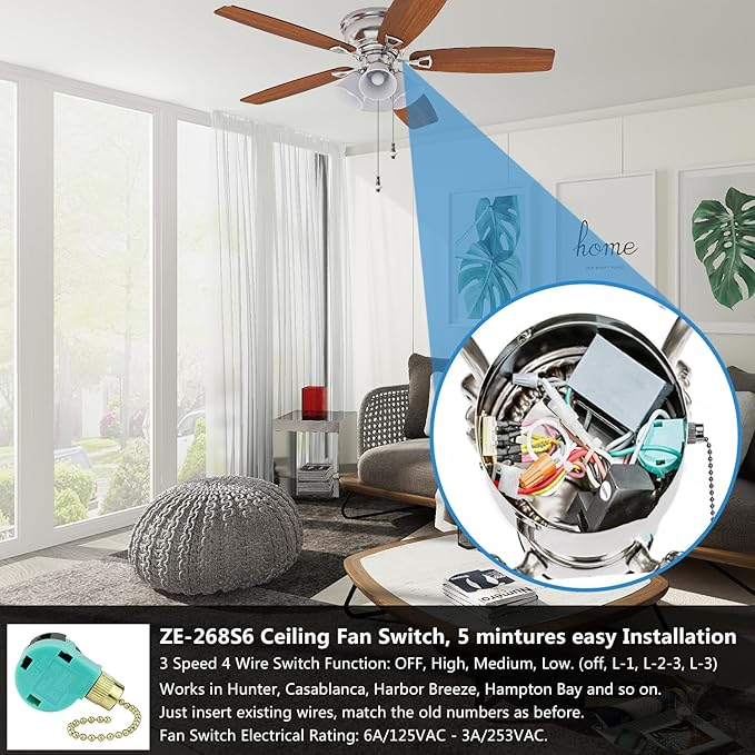 ZE-268S6 Ceiling Fan Switch, 3 Speed 4 Wire Pull Chain Switch Control Switch - Image 2