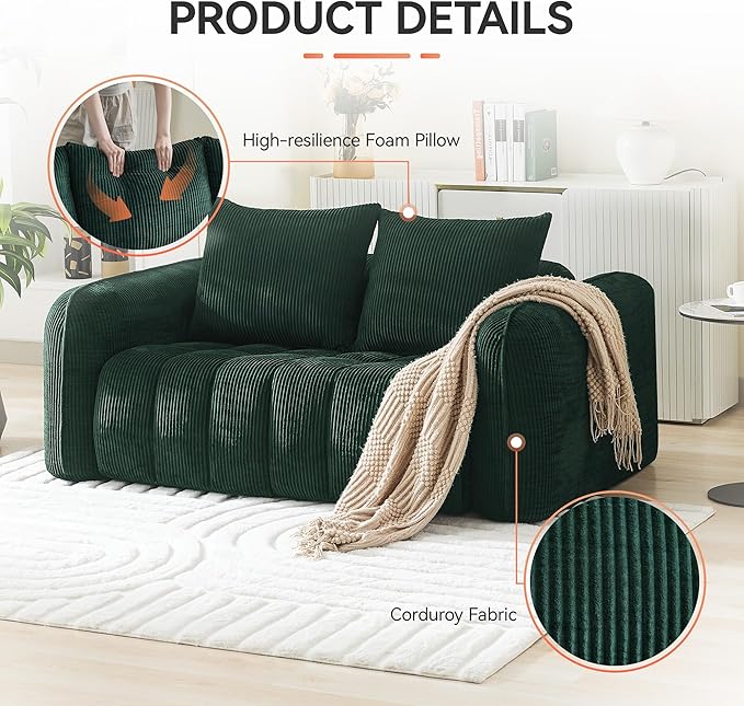 Corduroy Boneless Living Room Sets, Modern Upholstered Loveseat - Image 3