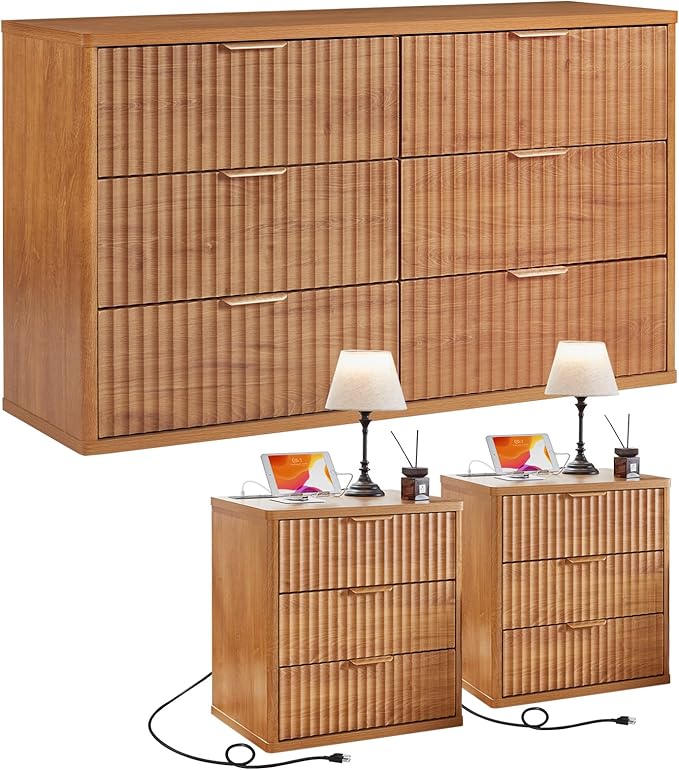 LEYAOYAO 48" Wide Fluted Dresser and 3 Drawers 23" Nightstand Set of 2 by LEYAOYAO-Findtheshiningpointofyourideallife%EF%BC%81
