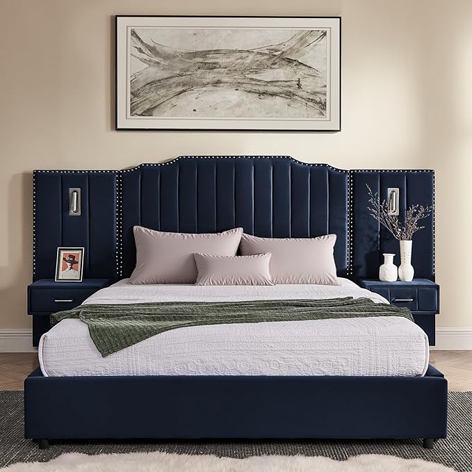 Luxury Queen Bed Frame with Headboard and Storage, Velvet Fabric Upholstered - Image 3