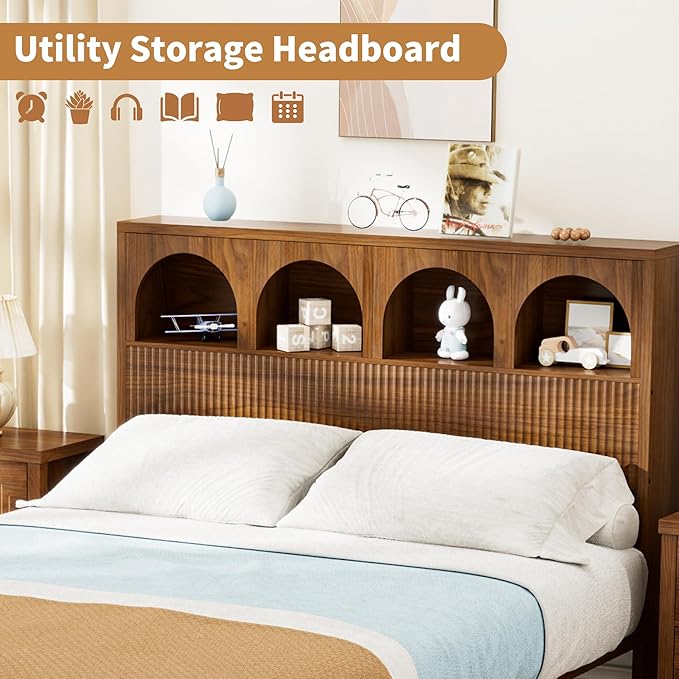 Full Bed Frame with Wave Headboard, Storage Headboard with 4 Arched Storage - Image 4