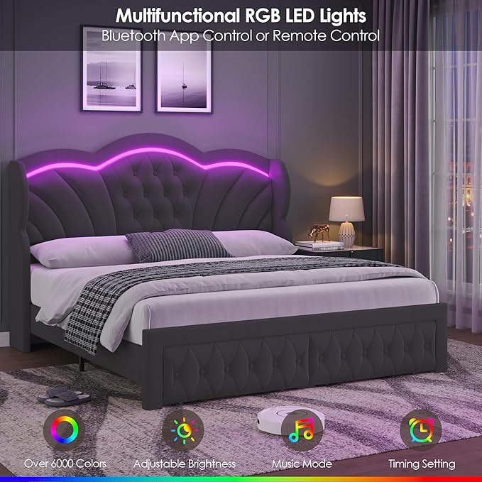 Keyluv Full Bed Frame with LED Lights and 2 Storage Drawers, Velvet Upholstered - Image 4