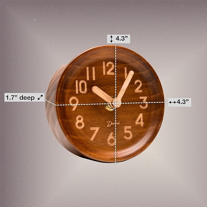 Driini Wooden Analog Desktop Clock – 4.3 in. Decorative Pinewood, No-Tick - Image 3