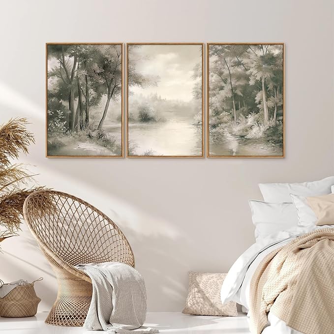 Yeehomedec Vintage Nature Landscape Framed Canvas Wall Art Set, Rustic Misty - Image 4