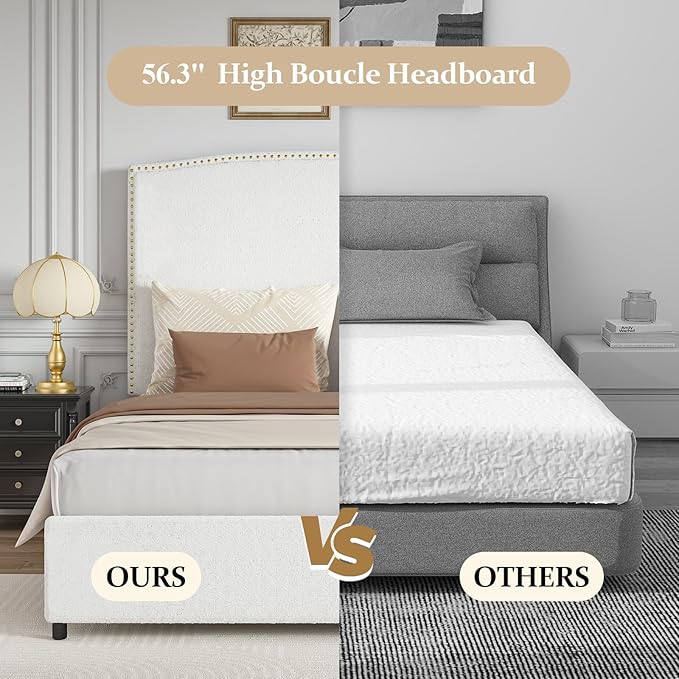 Full Size Bed Frame with Headboard, Soft Boucle Fabric, No Box Spring Needed - Image 5