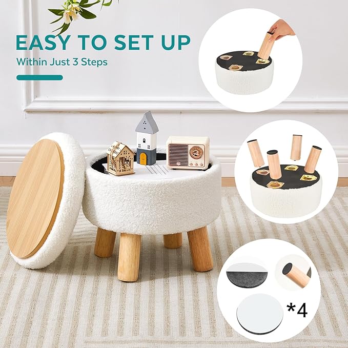 FIMIVIBI Small Ottoman with Storage, Small Storage Ottoman Round, Sherpa Foot - Image 5