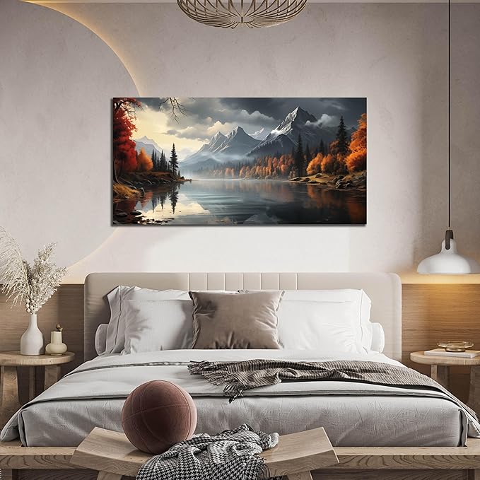 Landscape Wall Art for Living Room Bedroom Home Office Gray Wall Art Mountain - Image 2