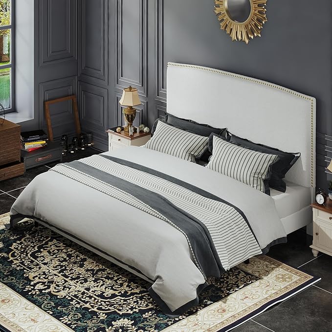King Size Bed Frame and Headboard, Soft Boucle Fabric, No Box Spring Needed by BarnFurin